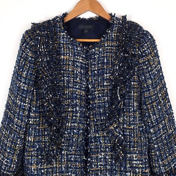 Ann Taylor Ruffle Tweed Blazer Size 6. Navy Blue Multicolor Shimmer Raw Edge - Picture 5 of 13